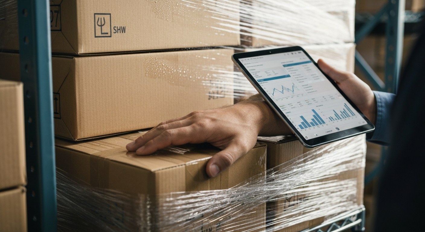 Logistics Management and Customs Documentation Close-up of a worker's hand holding a tablet next to a stack of packages in a warehouse setting.