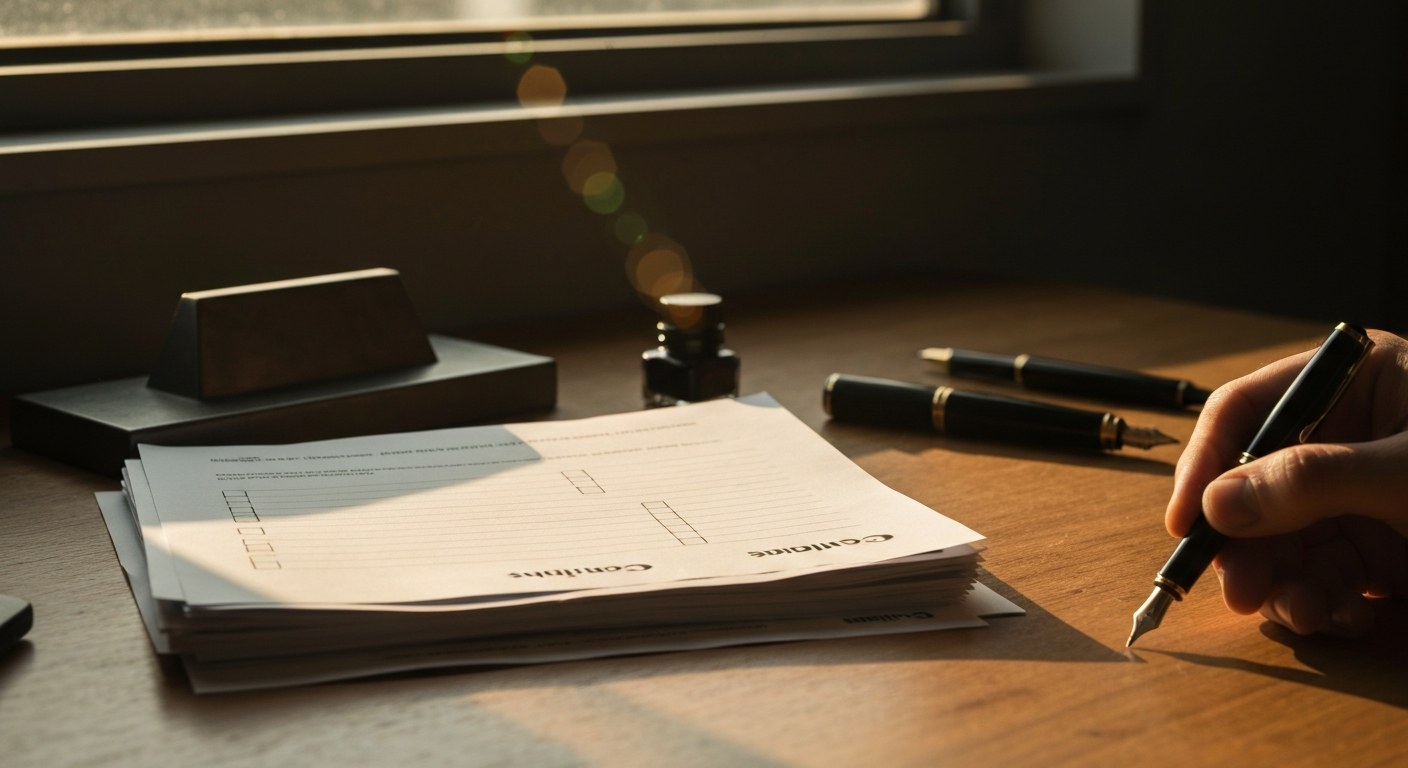Close-up of shipping documents and a fountain pen on a wooden desk with warm golden hour sunlight.