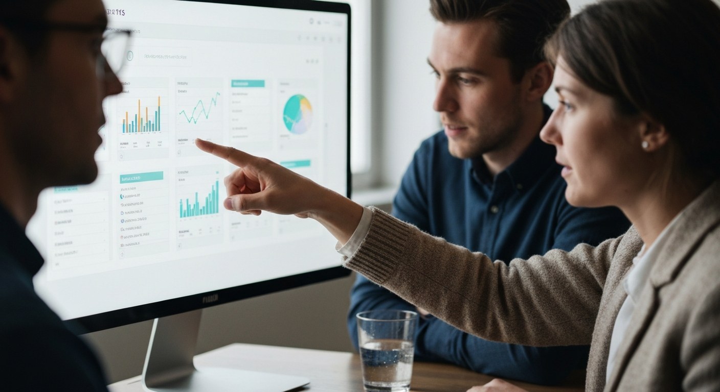 Unified Managed ELT Analytics Platform Two professionals collaborating in front of a digital dashboard showing real-time data streaming metrics.