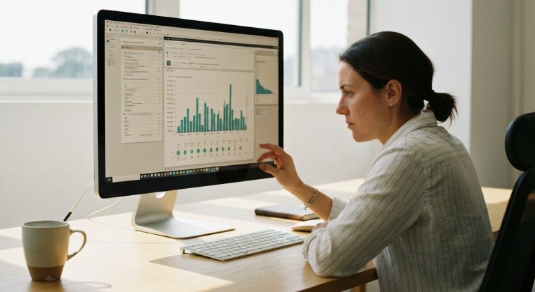 A professional woman in a bright office looking at a data dashboard on a computer screen.
