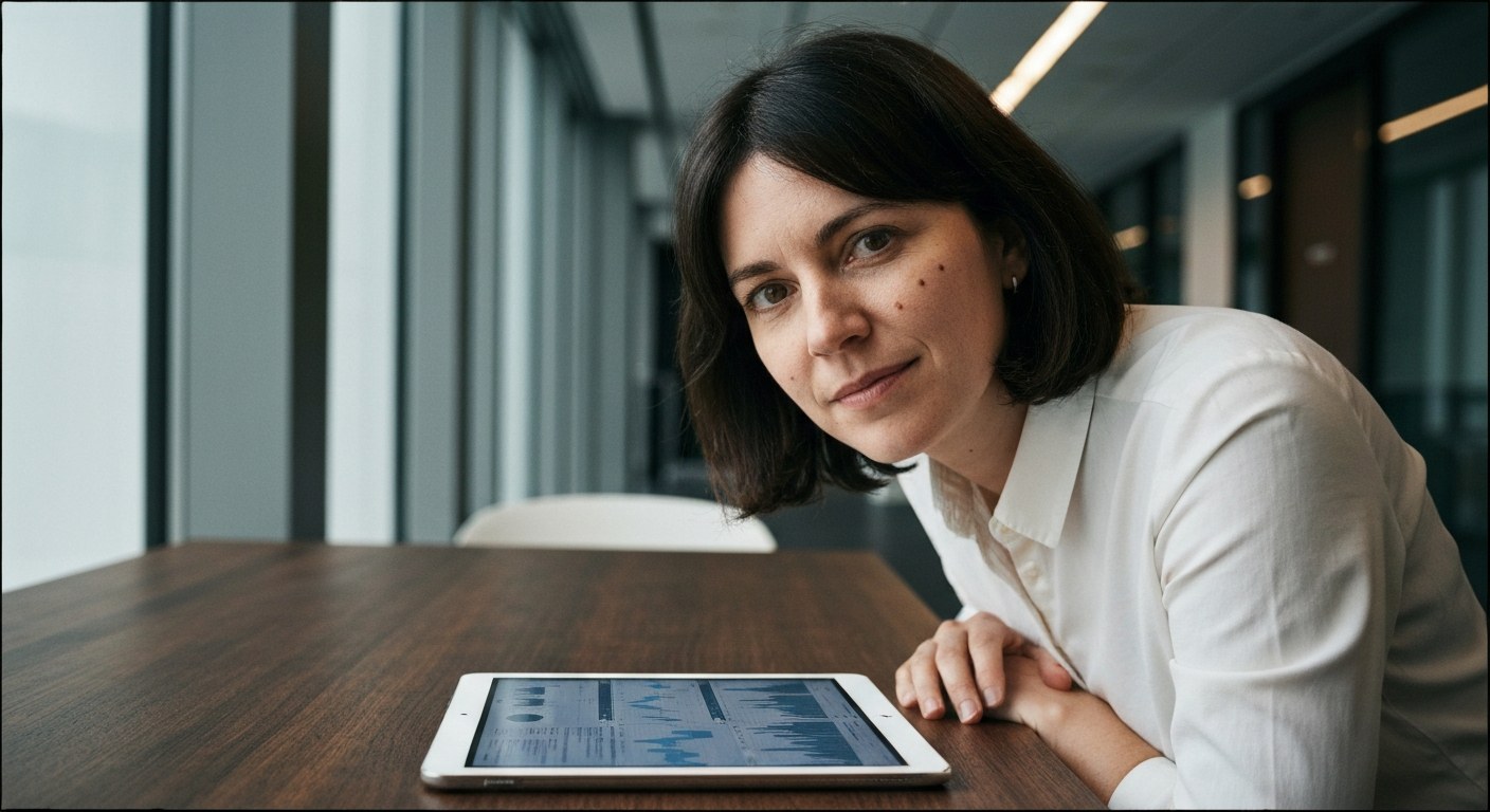 A professional woman in a modern office looking at a data dashboard on a tablet placed on a wooden table.