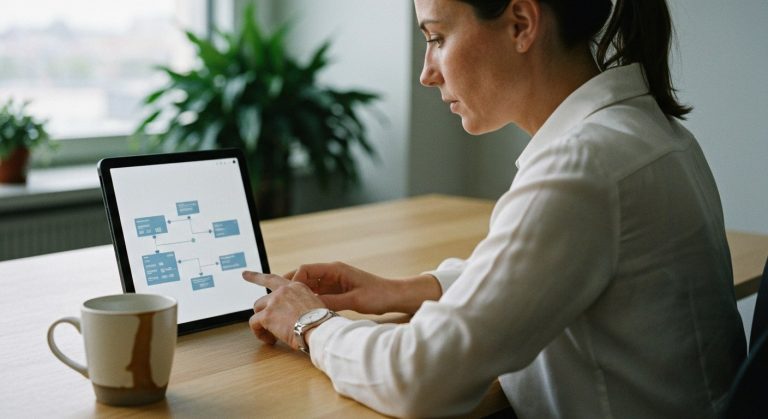 A professional woman in an office looks at a tablet with data diagrams on a wooden desk next to a coffee mug.