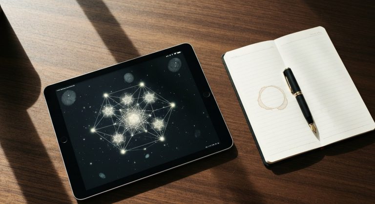 A minimalist wooden desk with a tablet showing a star schema diagram next to a notebook and a fountain pen.