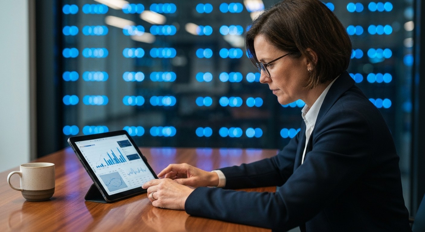 A female data architect in a modern office looks at a tablet dashboard with a blurred server room in the background.