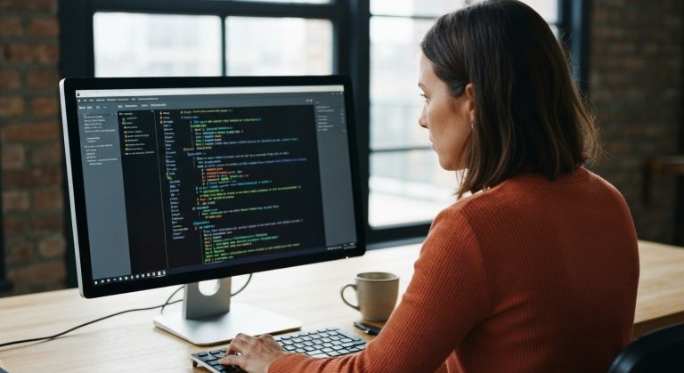 A female data architect working at a wooden desk with a large monitor displaying SQL code in a bright office.