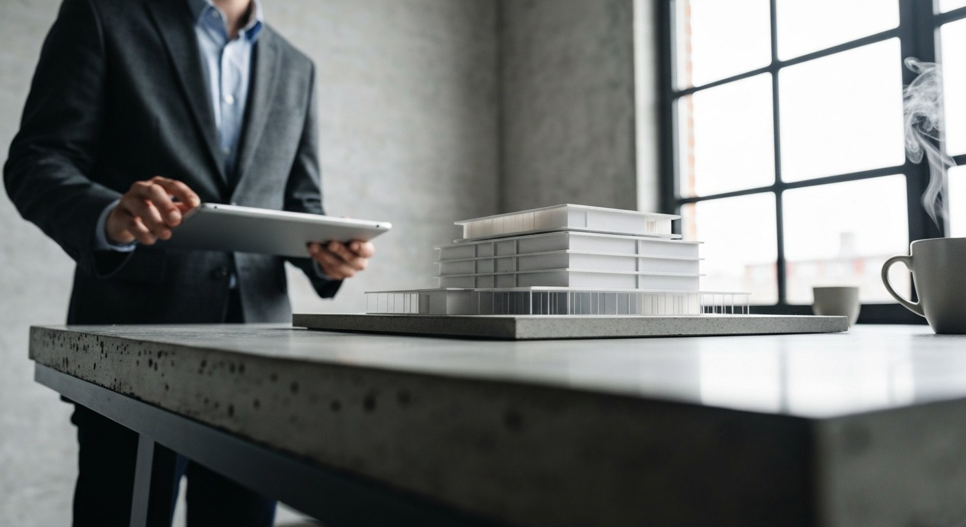 Advanced Data Architecture Planning Model An architectural model of a data center on a concrete table in a bright, modern industrial office loft.