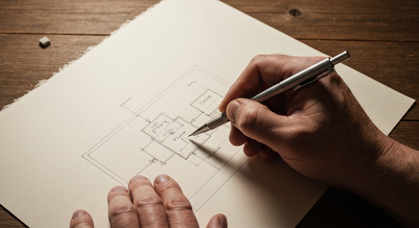Close-up of hands sketching a data architecture diagram on paper with a mechanical pencil.