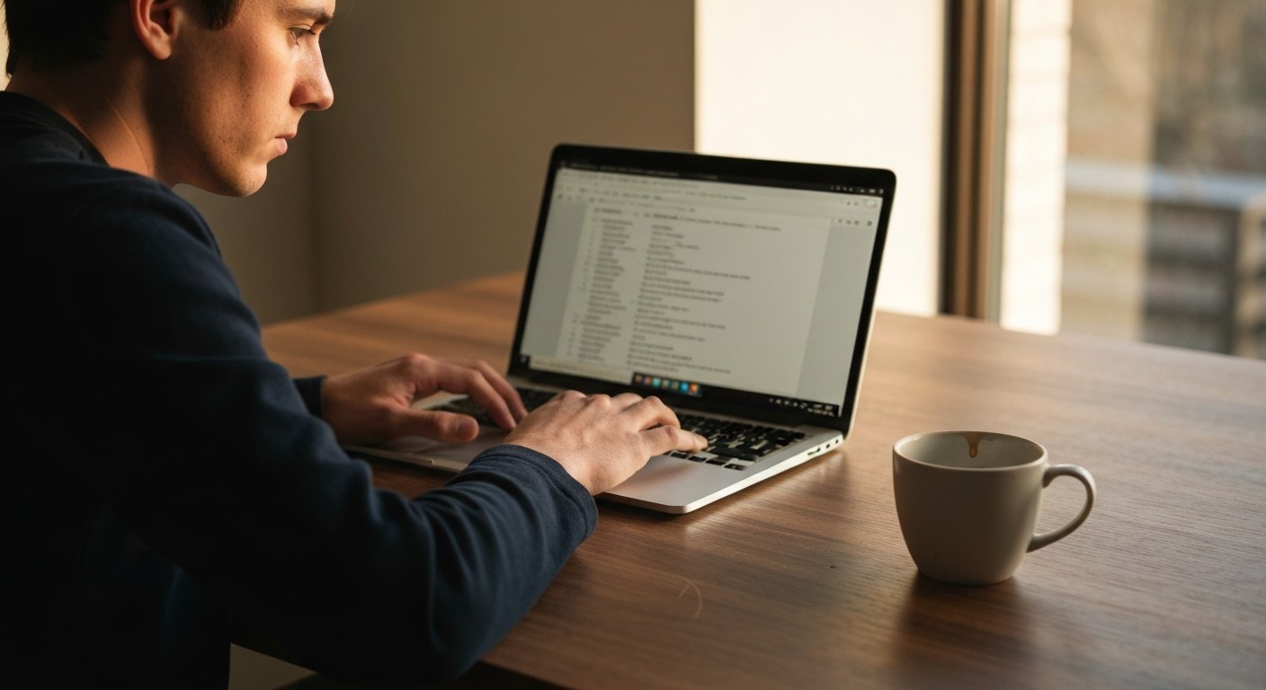 A person working at a desk with a laptop in a brightly lit room during sunset, focusing on data privacy.