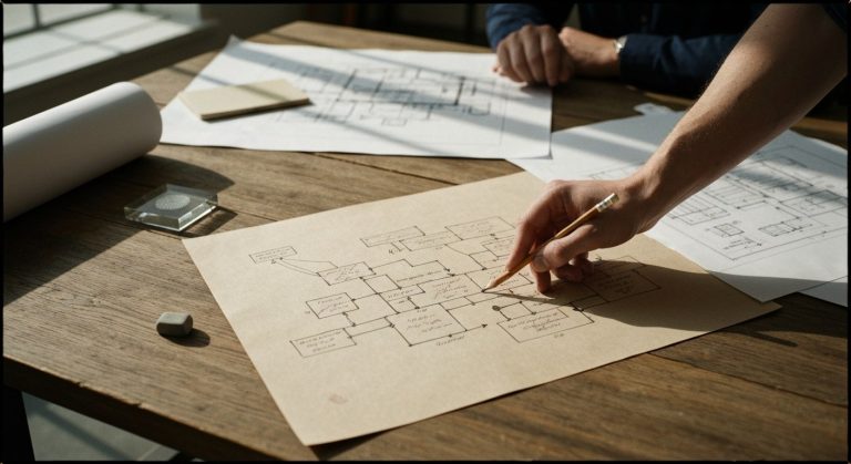A person's hand pointing at complex hand-drawn diagrams on a wooden table in a bright, modern office.