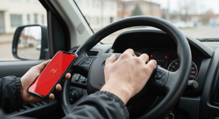 A close-up of a person's hand holding a smartphone inside a delivery van, showing a red alert notification.