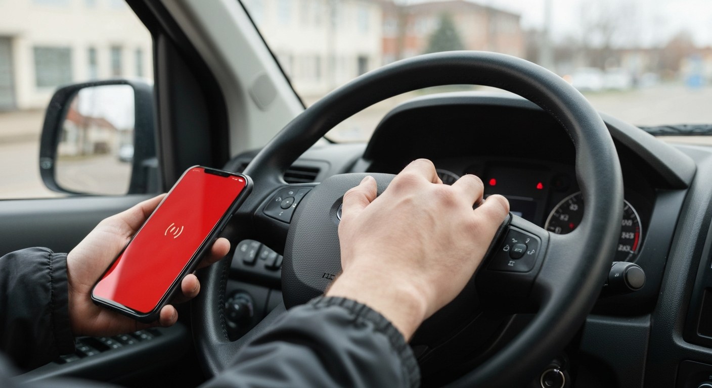 A close-up of a person's hand holding a smartphone inside a delivery van, showing a red alert notification.