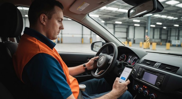 Close-up of a delivery driver's hands holding a smartphone with an error message inside a parked car at a warehouse.