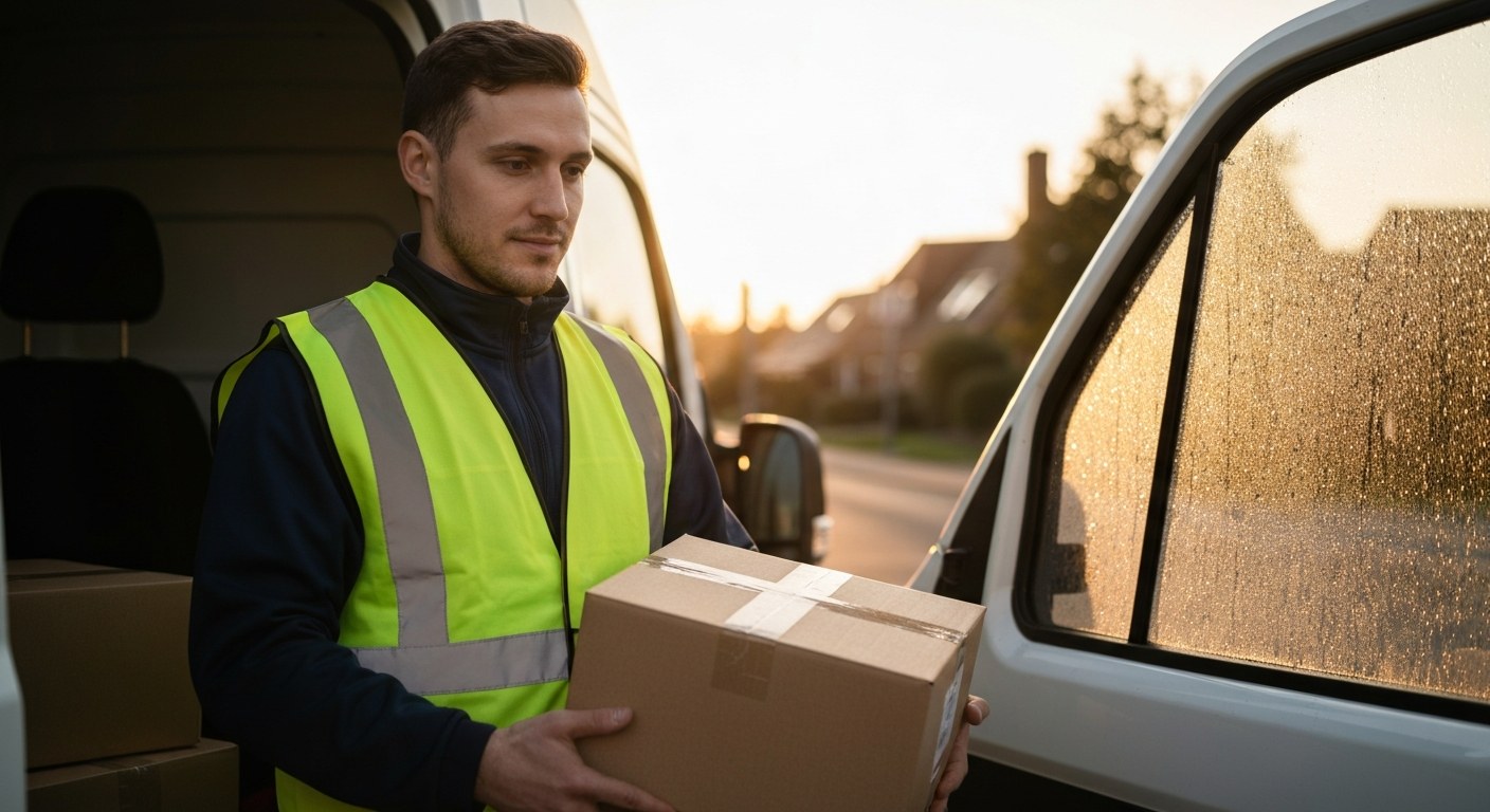 Minimum Age for Delivery and Flex Drivers A delivery driver stands by an open van holding a package during sunset in a residential neighborhood.