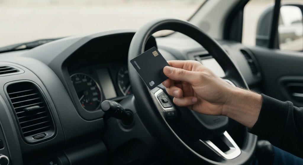 A delivery driver holding a dark debit card against a steering wheel inside a van, shot in soft natural light.