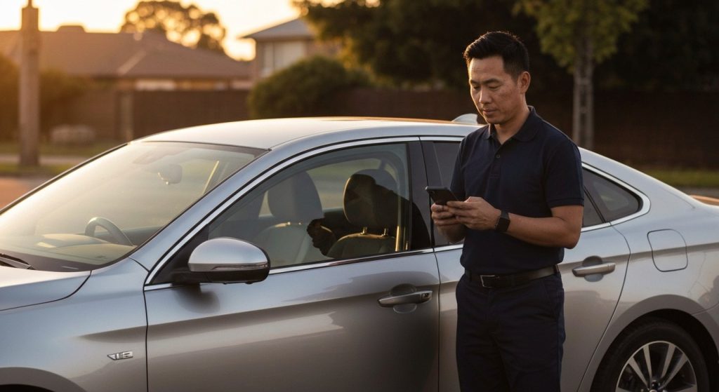 A delivery driver in a silver sedan checks their smartphone during a sunset in a quiet suburban neighborhood.