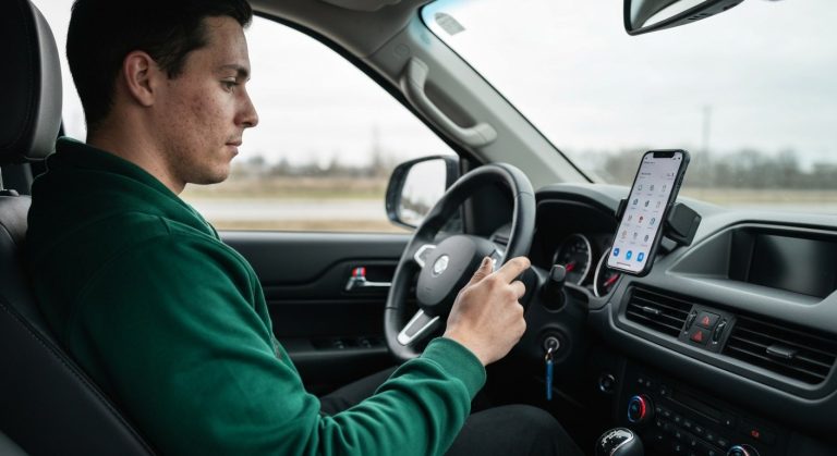 A delivery driver in a car checking a smartphone mounted on the dashboard during a cloudy day.