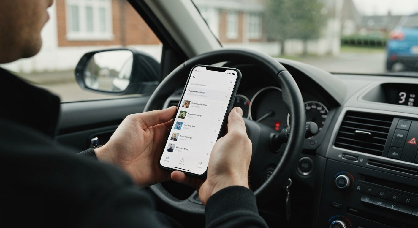 Close-up of a person's hands holding a smartphone inside a car, showing a delivery route app with map markers.