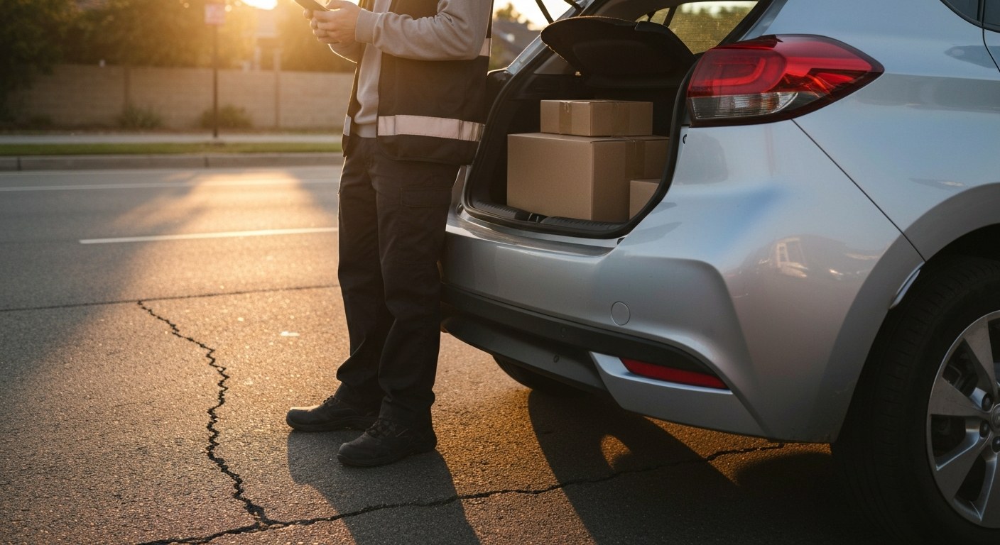 A delivery driver standing by their car at sunset checking their phone with packages in the open trunk.
