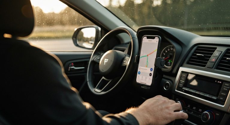 Amazon Flex W2 or 1099? (Stop Overpaying The IRS) 7 Close-up of a smartphone mounted on a car dashboard during golden hour, showing a navigation app for a delivery route.