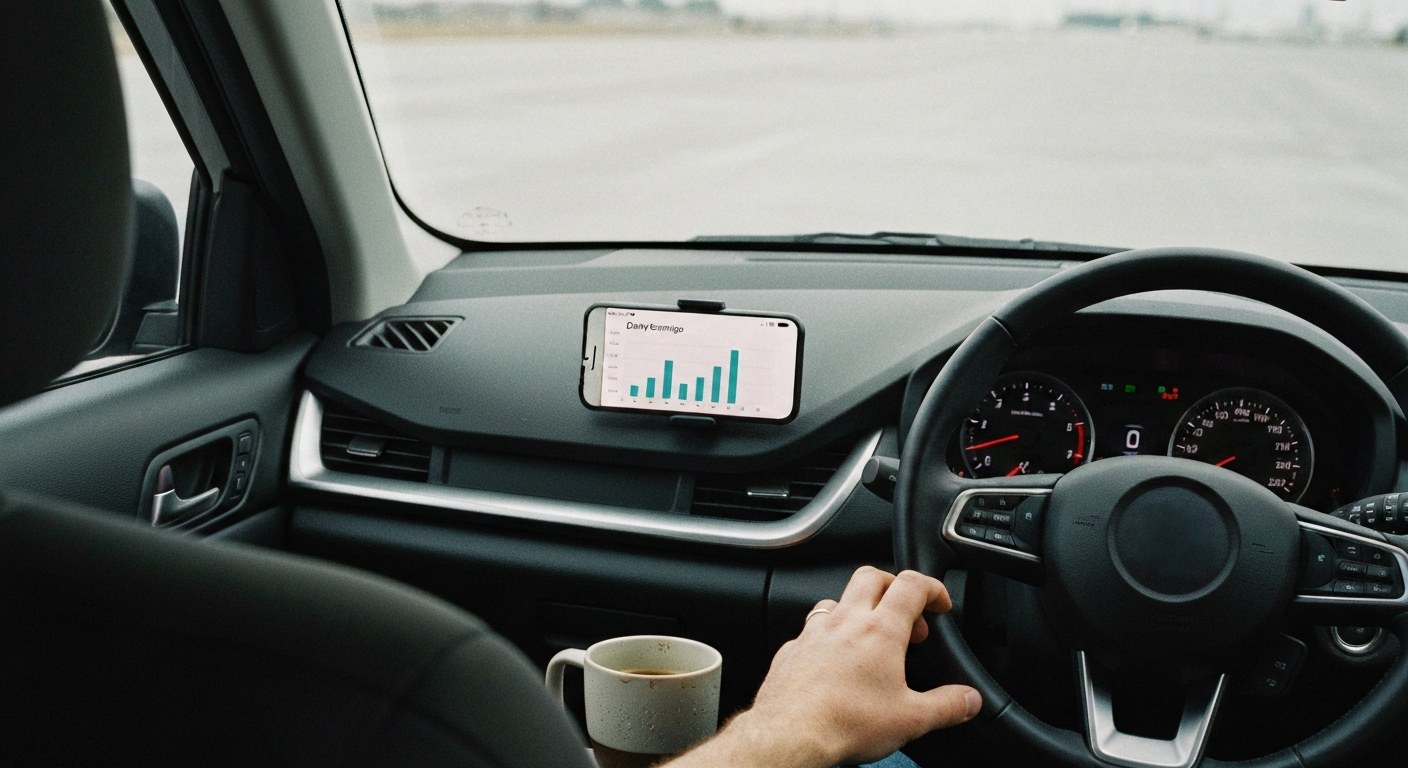 A smartphone on a car dashboard mount displaying a generic earnings graph next to a ceramic coffee mug in the console.