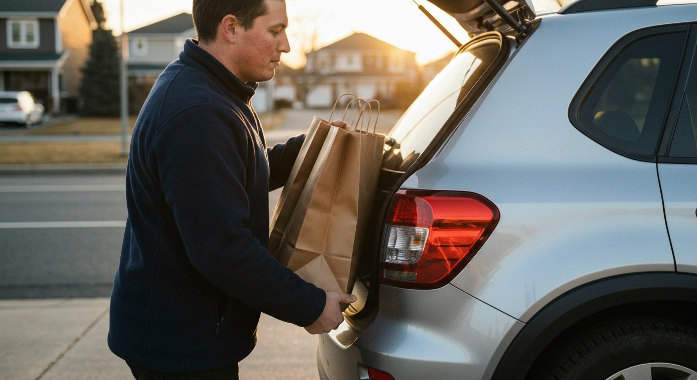Delivery Driver Loading Groceries at Sunset A delivery driver loads brown paper grocery bags into the trunk of a silver SUV during a golden hour sunset.