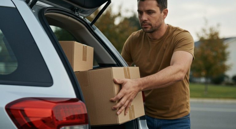 A man in his 30s with a determined look loads cardboard boxes into the trunk of a silver car on a cloudy morning.