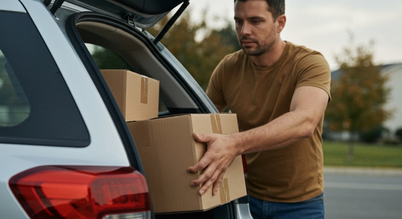 A man in his 30s with a determined look loads cardboard boxes into the trunk of a silver car on a cloudy morning.
