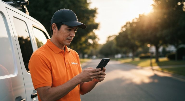A delivery driver looks at a smartphone while standing next to a white van on a suburban street during sunset.