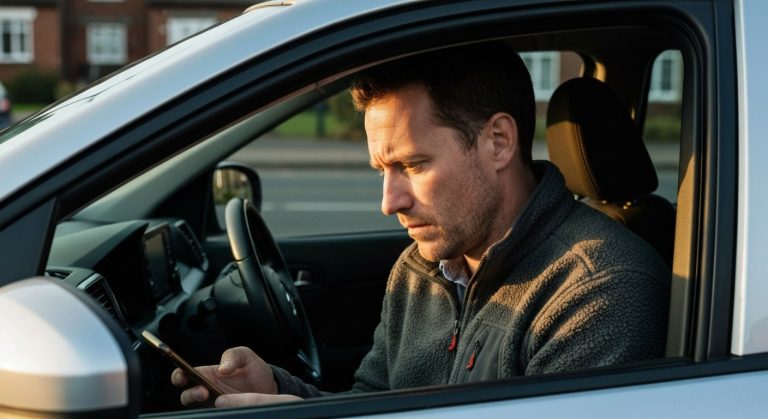 A delivery driver sitting in a car looking concerned at his smartphone screen during sunset.