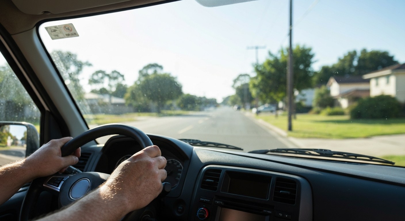 On the Road: Delivery Driver's Perspective Driver's hands on a steering wheel inside a delivery vehicle, looking out at a sunny, blurred suburban street through the windshield.