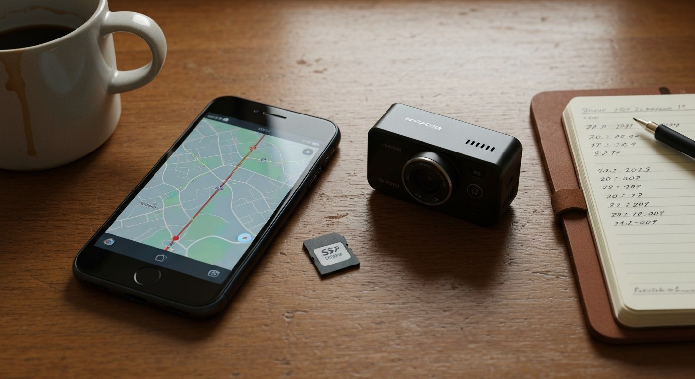 Evidence Tools for Amazon Flex Appeal A smartphone, dashcam, and notebook on a wooden desk used for gathering delivery evidence.