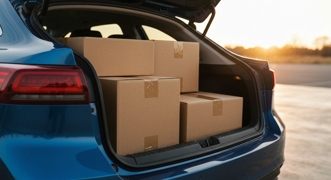 Organized cardboard packages in the open trunk of a car during golden hour, showing realistic textures and lighting.