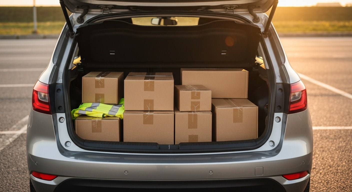 The open back of a car filled with cardboard packages during golden hour.