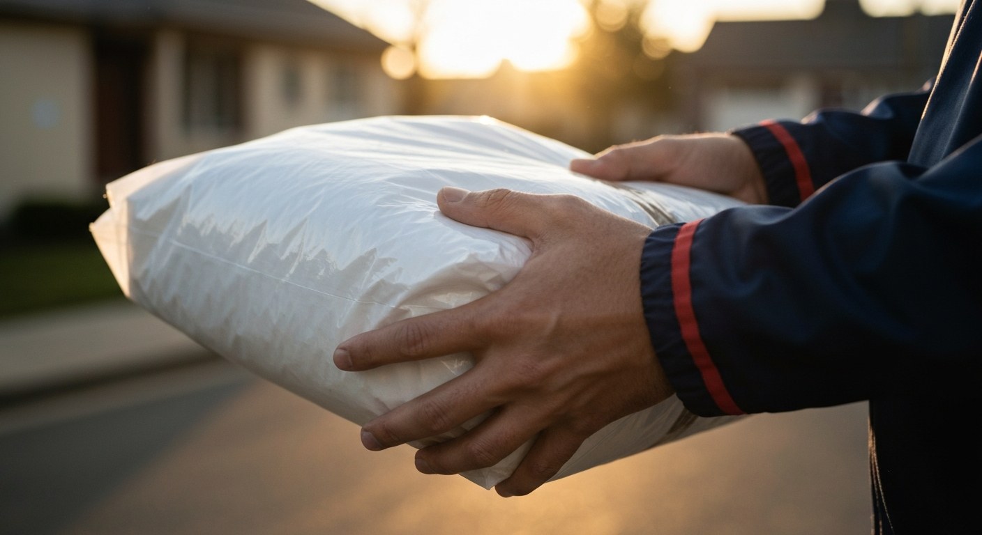 Courier Handling Opaque Shipping Mailer A delivery person's hands holding a plain white opaque shipping bag during a warm sunset.