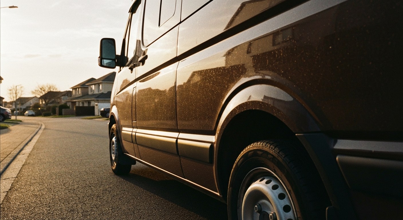 Final Mile Delivery Driver Environment A brown delivery van parked on a suburban street during golden hour with soft sunlight hitting the side panels.