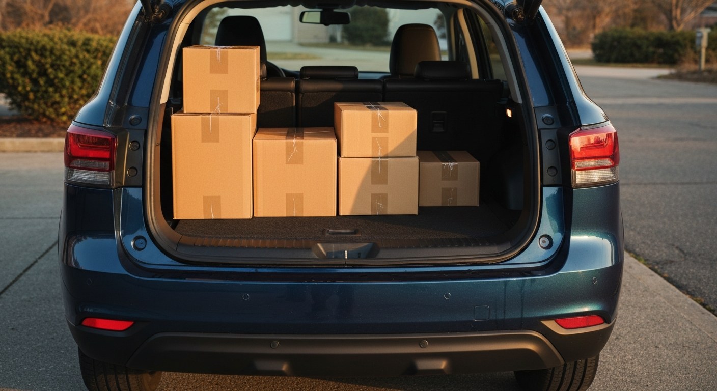 SUV Cargo Space for Package Delivery The open trunk of a blue SUV filled with organized cardboard packages during sunset, showing cargo space.