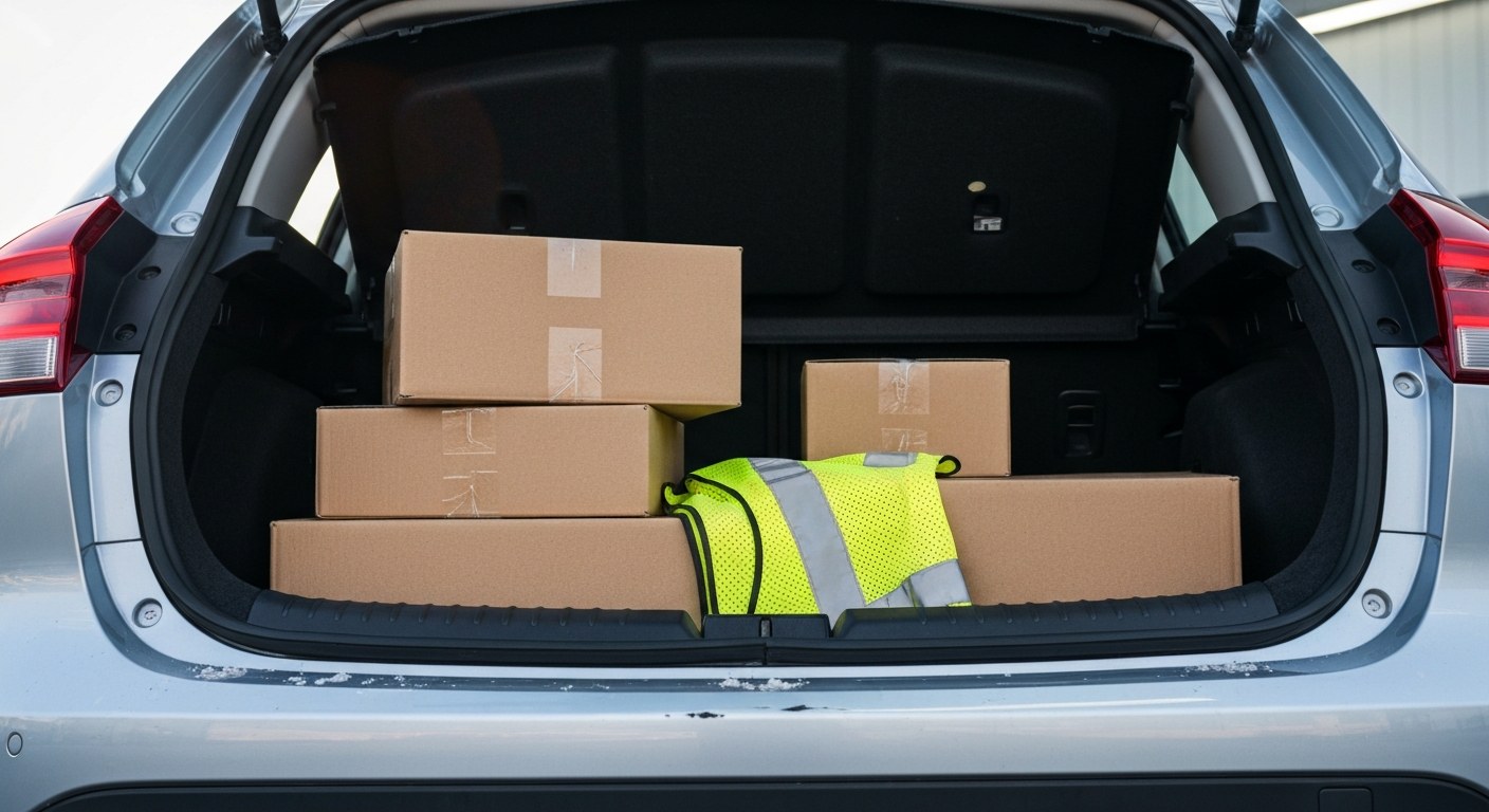 Delivery Vehicle Loaded with Packages View into an open car trunk loaded with various cardboard delivery boxes and a yellow safety vest.