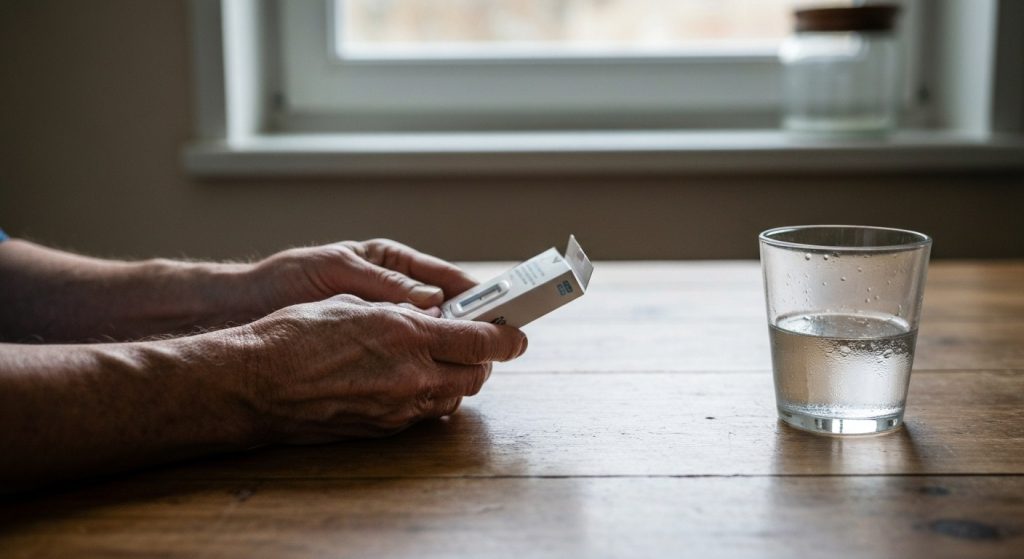 Close-up of hands holding a medical supply box over a wooden table with a glass of water.