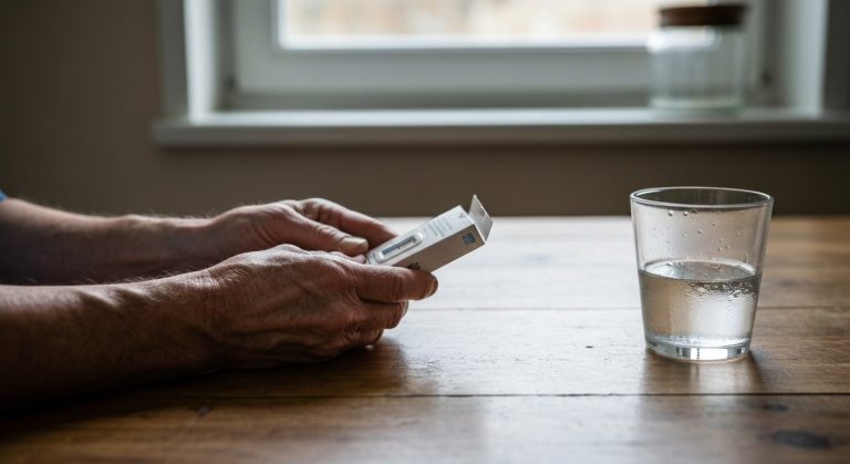 Close-up of hands holding a medical supply box over a wooden table with a glass of water.
