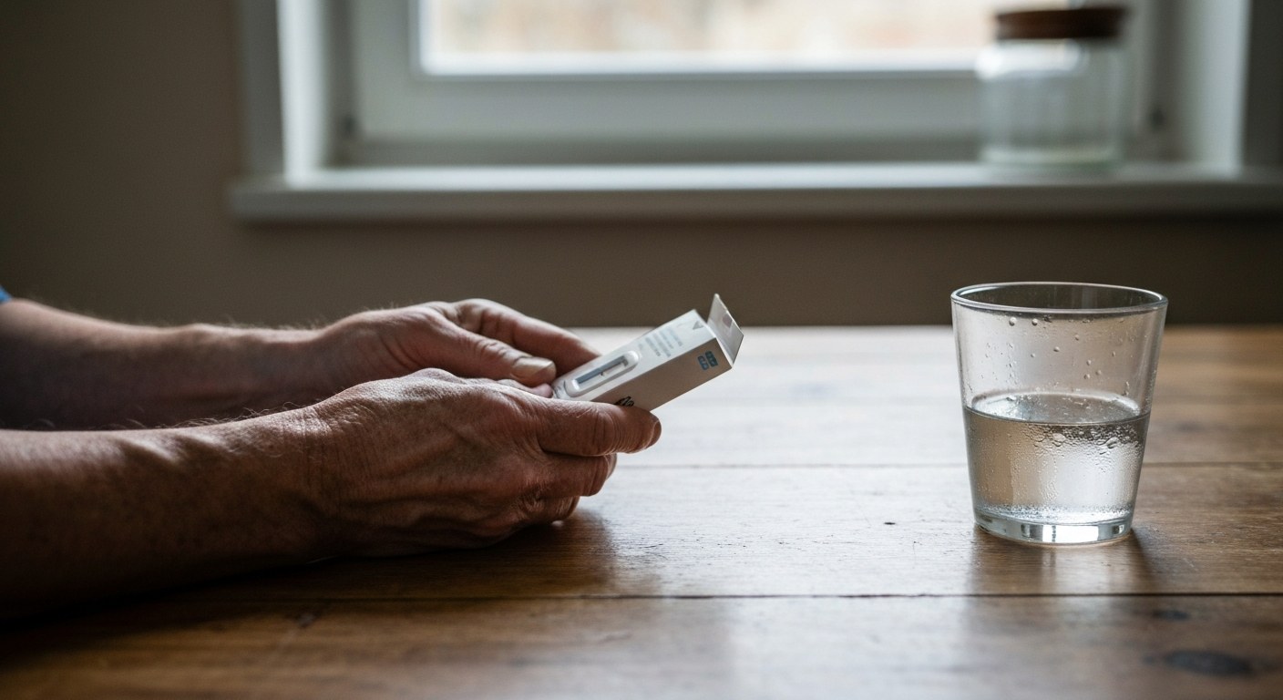 Managing Diabetes Supplies at Home Close-up of hands holding a medical supply box over a wooden table with a glass of water.