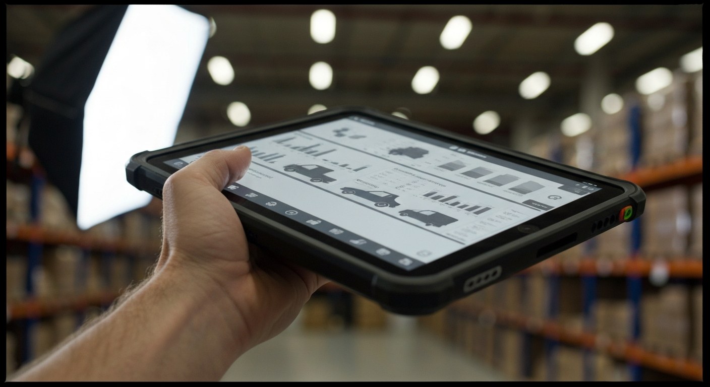 A close-up of a hand holding a digital tablet displaying an inventory tracking dashboard in a warehouse.