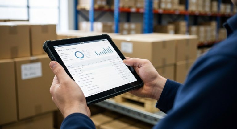 Close-up of a worker's hands holding a rugged black tablet displaying warehouse inventory data in a blurred logistics setting.