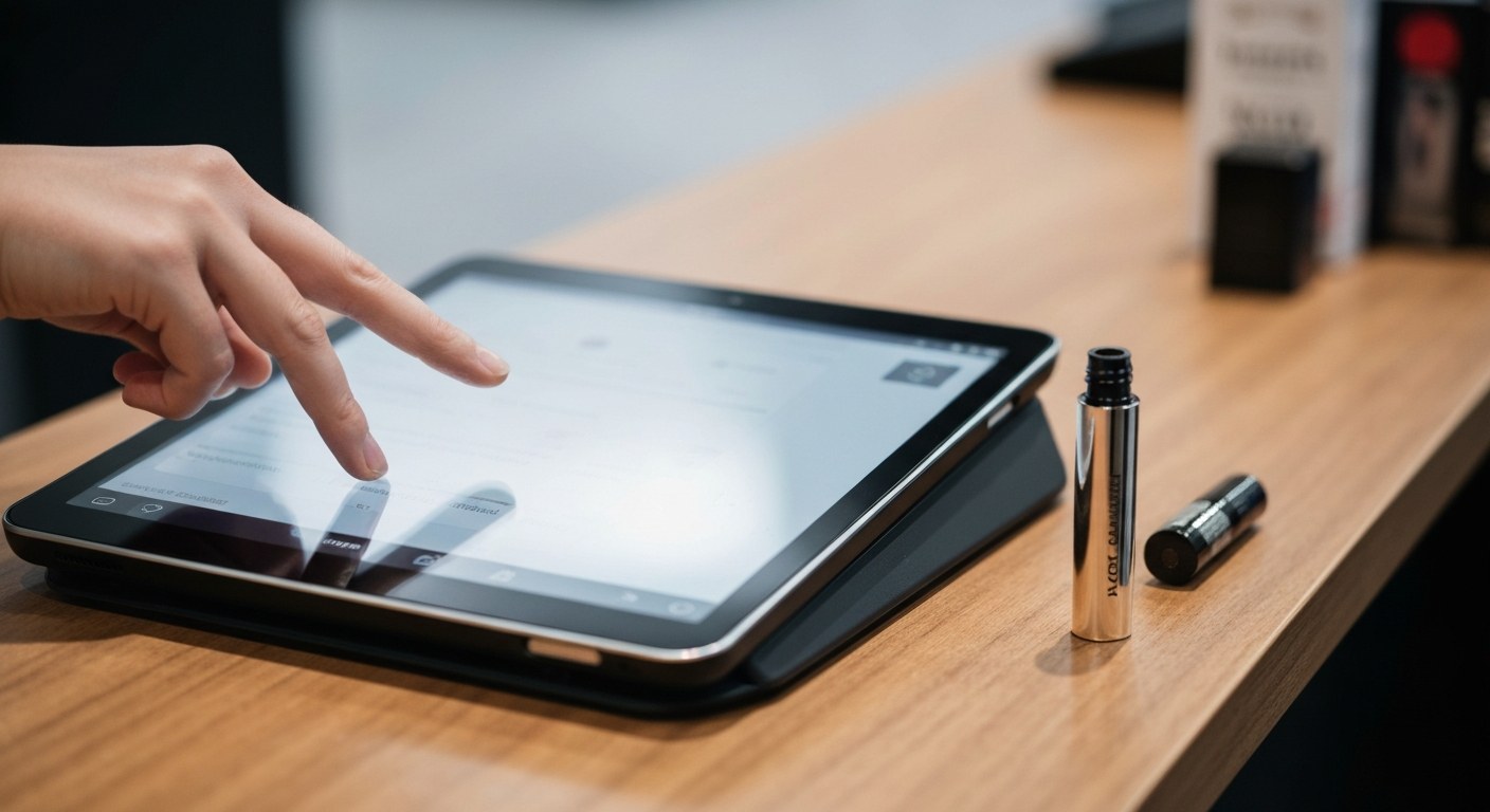 A retail associate using a tablet computer at a wooden counter to look up a customer profile for a return.