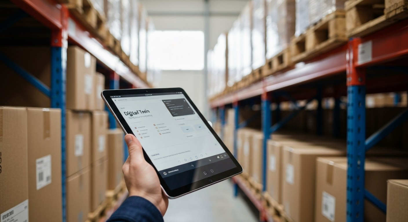 Close-up of a hand holding a tablet showing a digital inventory interface against blurred warehouse shelves.