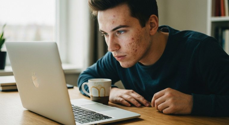 A young person in a casual hoodie sits at a wooden desk, focused on a laptop screen in a brightly lit room.