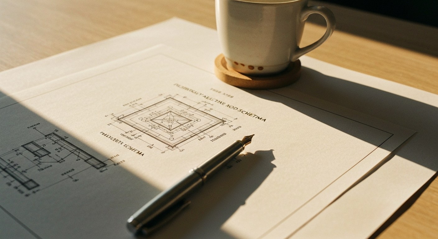 Dimensional Modeling Blueprint Architectural schematics for a database schema on a desk next to a coffee mug and pen.