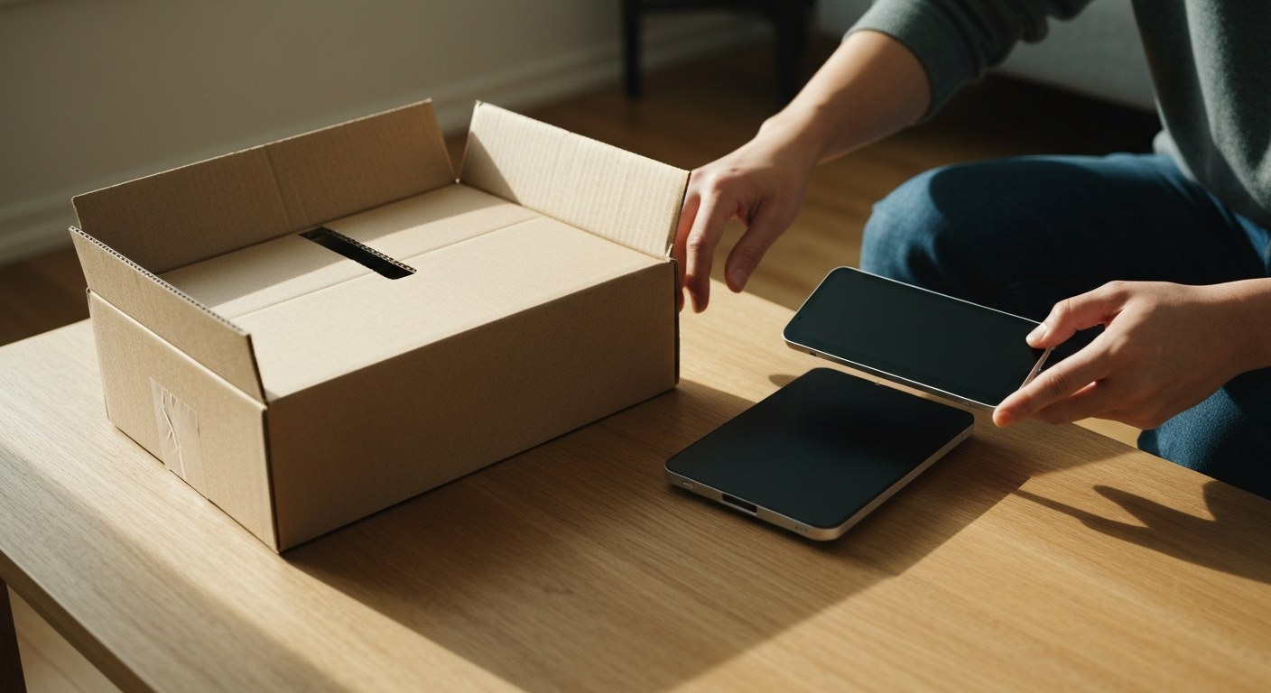 A generic electronic gadget sits on a wooden table next to a flattened brown cardboard shipping box in a sunlit room.