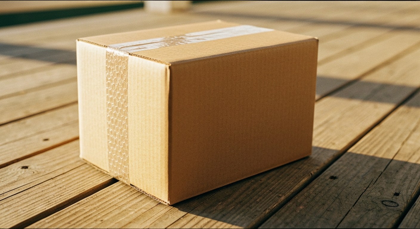 An unmarked brown cardboard shipping box sits on a weathered wooden porch during golden hour.