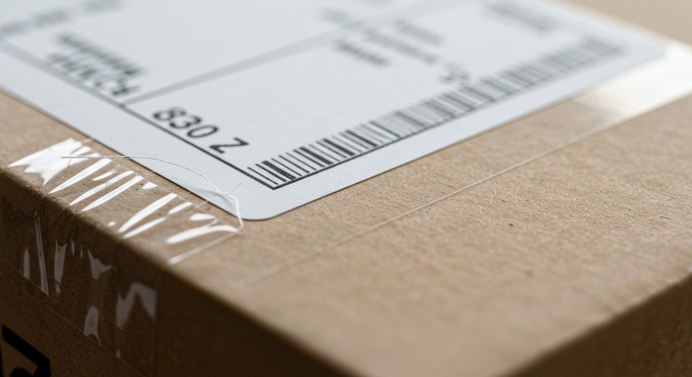 Anonymous Shipping Label Detail Close-up of a generic shipping label on a cardboard box showing standard barcodes and text.
