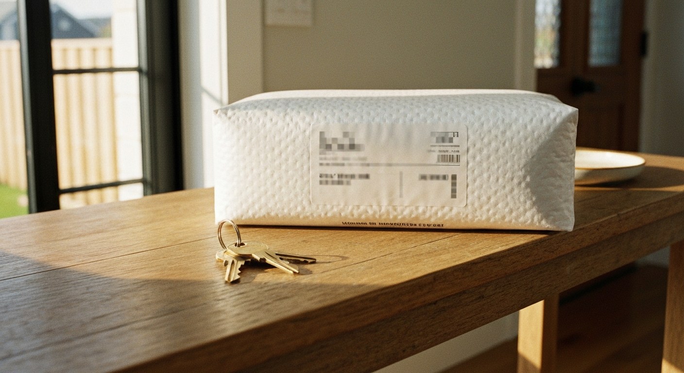A plain white padded shipping mailer sits discreetly on a wooden entryway table next to a set of house keys.